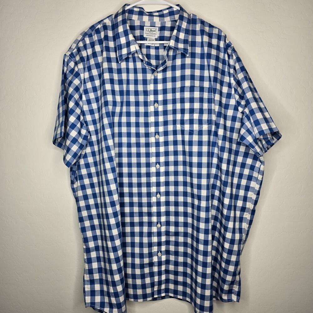 L.L.Bean Traditional Fit Men's Blue White Gingham Check Button Front Cotton XXXL